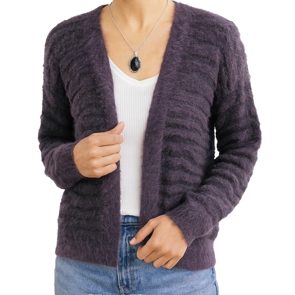 Trucloth Womens XS Metallic Purple Striped Eyelash Open Front Cardigan Boho - Picture 2 of 14